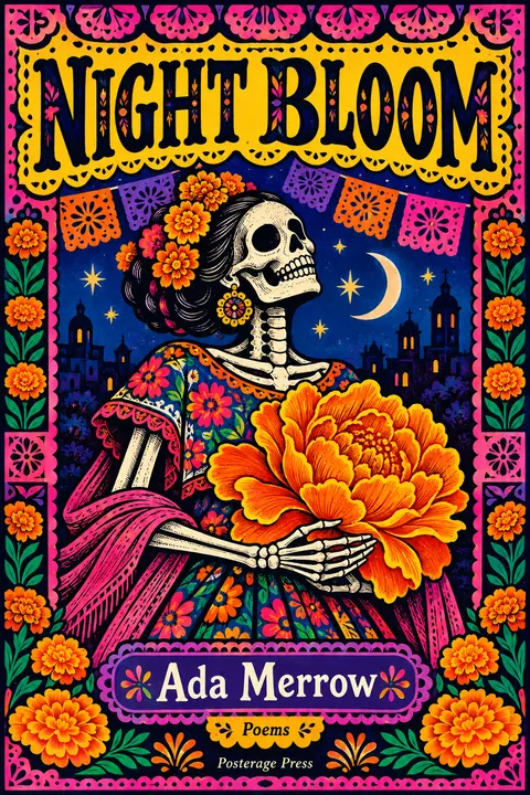 Mexican Calavera / Posada style book cover for a fictional fiction: Night Bloom