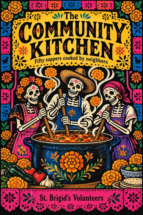 Mexican Calavera / Posada style book cover for a fictional nonfiction: The Community Kitchen