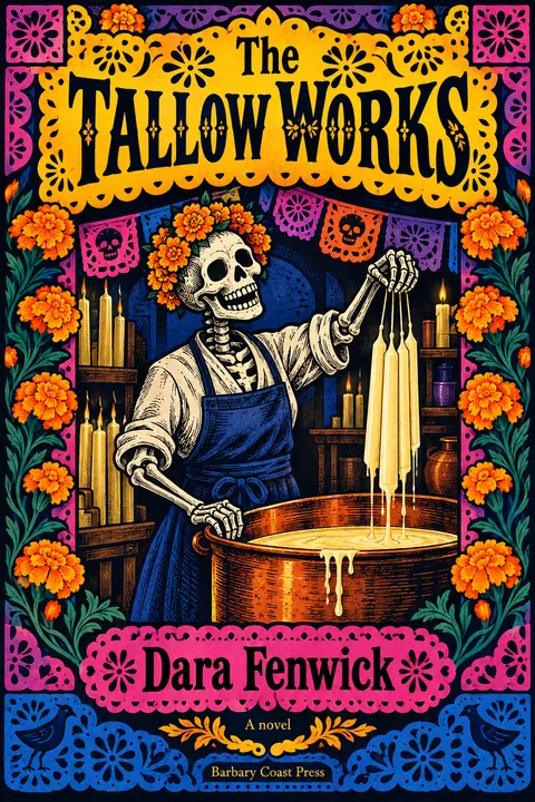 Mexican Calavera / Posada style book cover for a fictional fiction: The Tallow Works