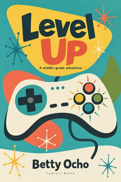 Mid-century Modern Graphic style book cover for a fictional fiction: Level Up