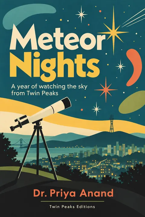 Mid-century Modern Graphic style book cover for a fictional nonfiction: Meteor Nights