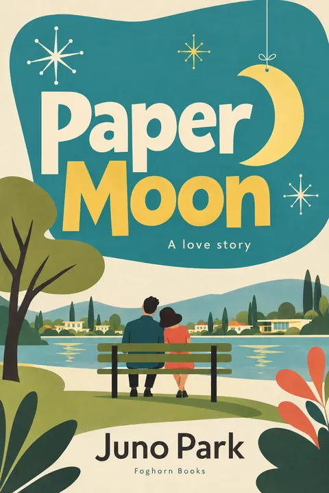 Mid-century Modern Graphic style book cover for a fictional fiction: Paper Moon
