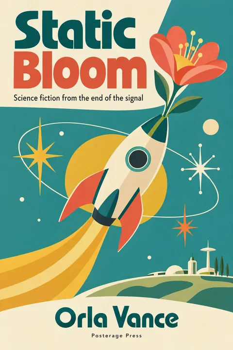 Mid-century Modern Graphic style book cover for a fictional fiction: Static Bloom