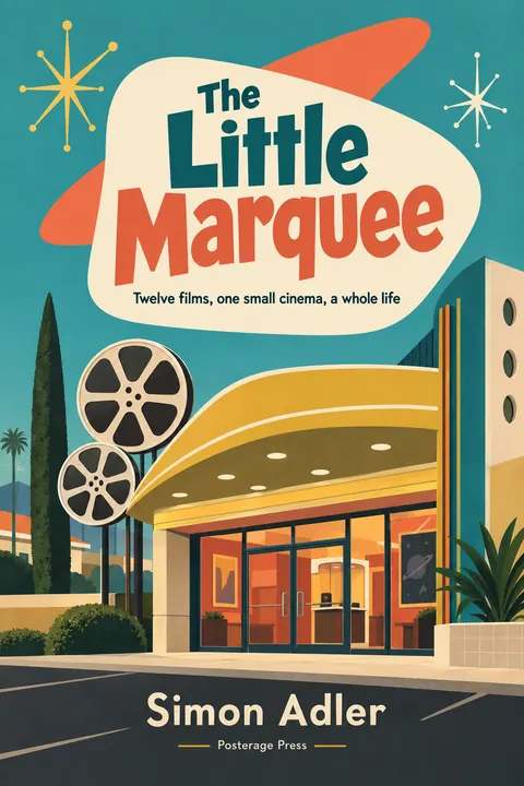 Mid-century Modern Graphic style book cover for a fictional fiction: The Little Marquee