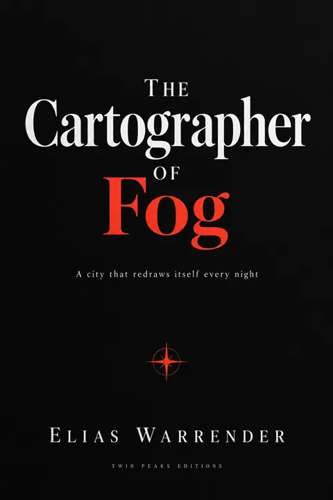 Monochrome + Single Accent style book cover for a fictional fiction: The Cartographer of Fog
