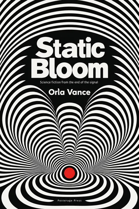 Op Art style book cover for a fictional fiction: Static Bloom