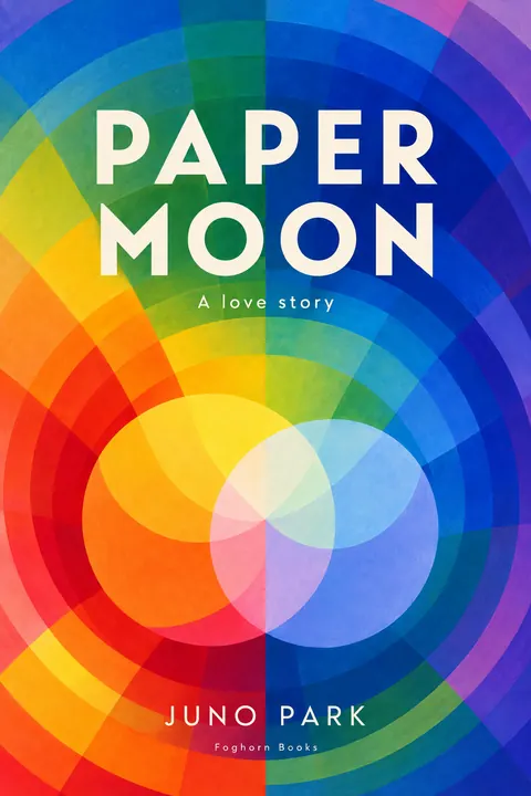 Orphism / Simultanism style book cover for a fictional fiction: Paper Moon