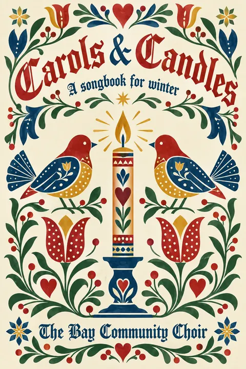Pennsylvania Dutch / Fraktur style book cover for a fictional nonfiction: Carols & Candles
