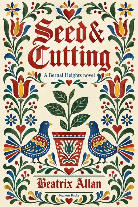 Pennsylvania Dutch / Fraktur style book cover for a fictional fiction: Seed & Cutting