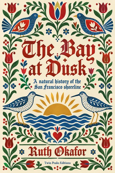 Pennsylvania Dutch / Fraktur style book cover for a fictional nonfiction: The Bay at Dusk