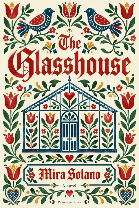 Pennsylvania Dutch / Fraktur style book cover for a fictional fiction: The Glasshouse