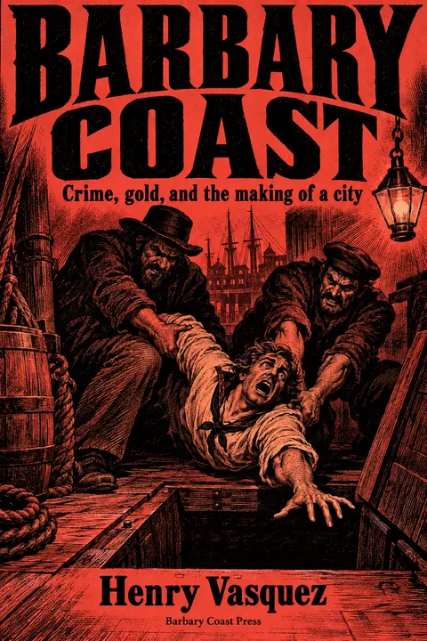 Penny Dreadful / Sensation Novel Cover style book cover for a fictional nonfiction: Barbary Coast