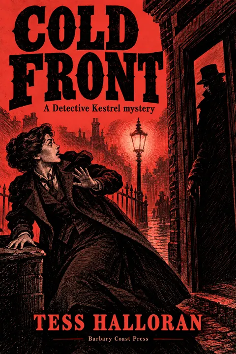 Penny Dreadful / Sensation Novel Cover style book cover for a fictional fiction: Cold Front