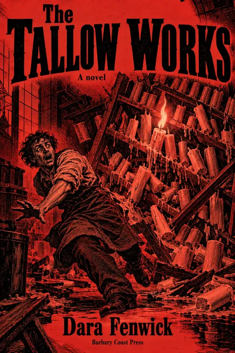 Penny Dreadful / Sensation Novel Cover style book cover for a fictional fiction: The Tallow Works