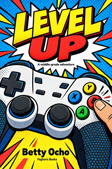 Pop Art style book cover for a fictional fiction: Level Up