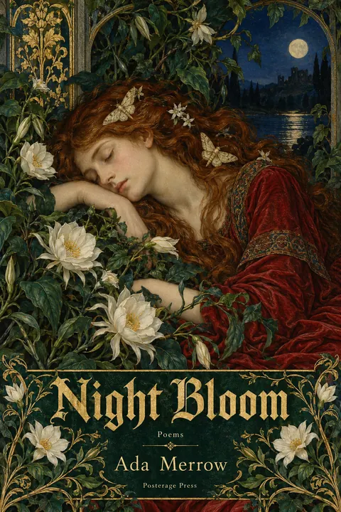 Pre-Raphaelite Illustration style book cover for a fictional fiction: Night Bloom