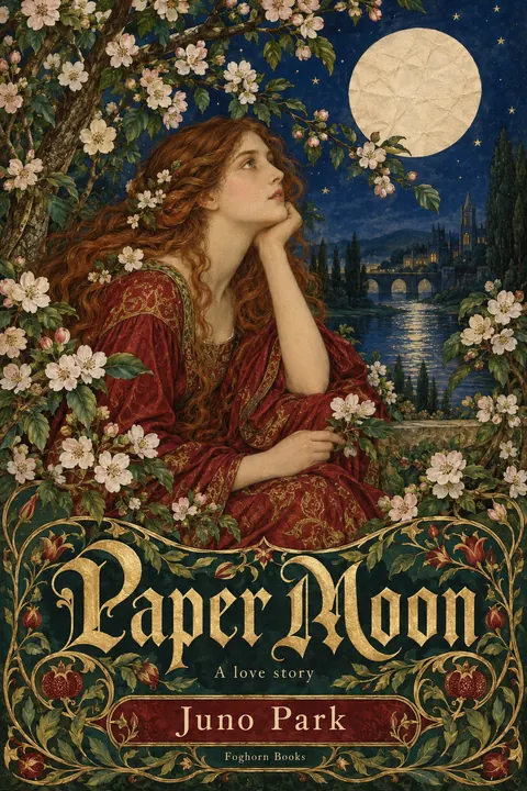 Pre-Raphaelite Illustration style book cover for a fictional fiction: Paper Moon