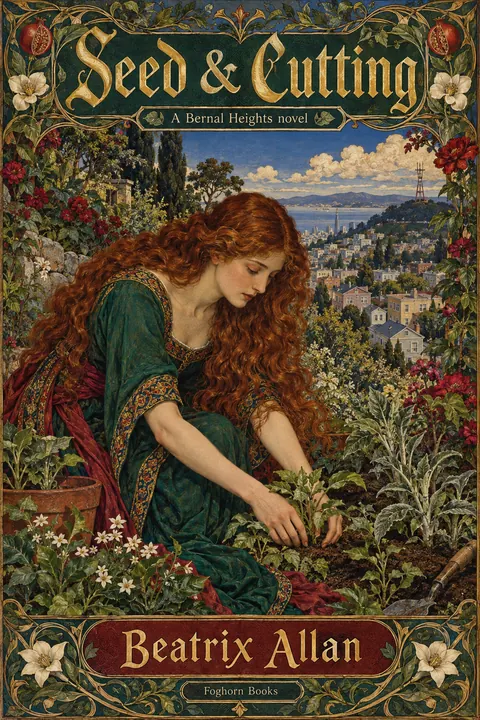Pre-Raphaelite Illustration style book cover for a fictional fiction: Seed & Cutting
