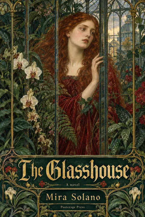 Pre-Raphaelite Illustration style book cover for a fictional fiction: The Glasshouse