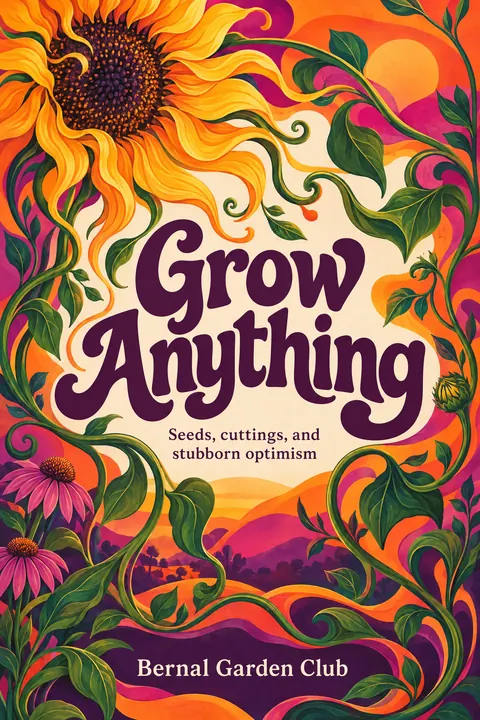 Psychedelic style book cover for a fictional nonfiction: Grow Anything