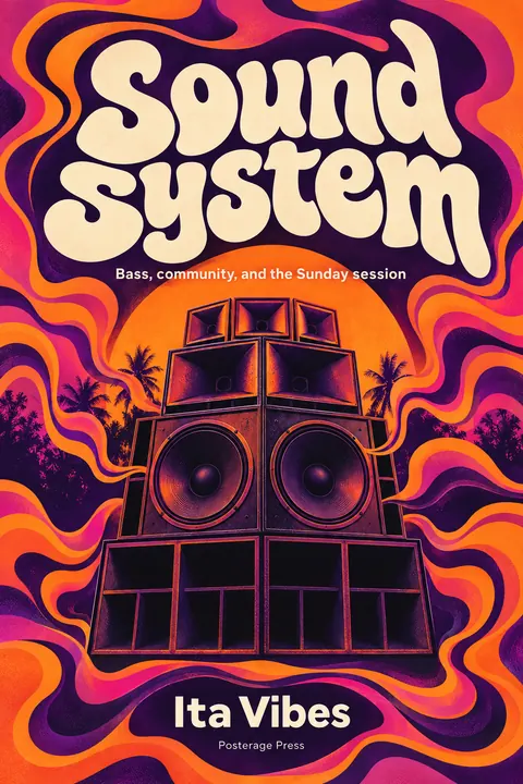 Psychedelic style book cover for a fictional nonfiction: Sound System