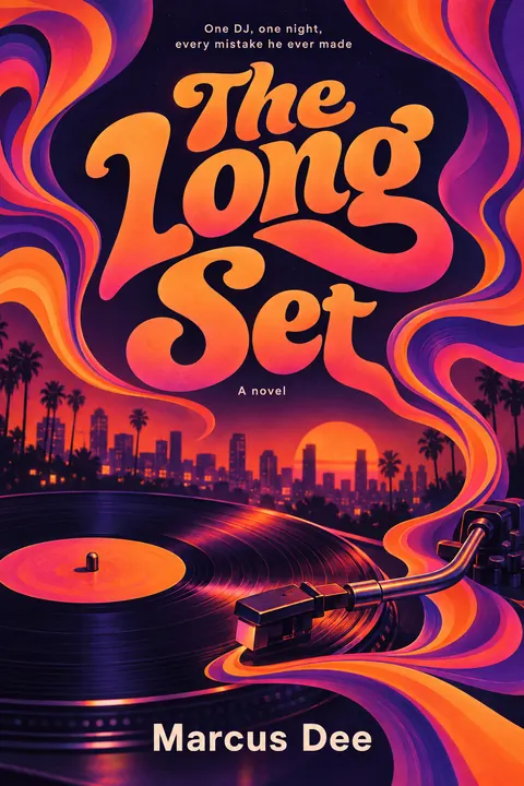 Psychedelic style book cover for a fictional fiction: The Long Set
