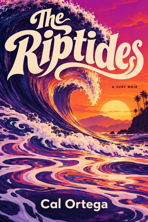 Psychedelic style book cover for a fictional fiction: The Riptides