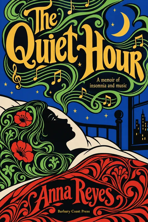 Push Pin Studios style book cover for a fictional nonfiction: The Quiet Hour