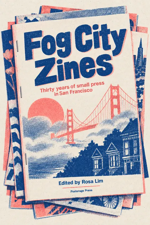 Risograph style book cover for a fictional nonfiction: Fog City Zines