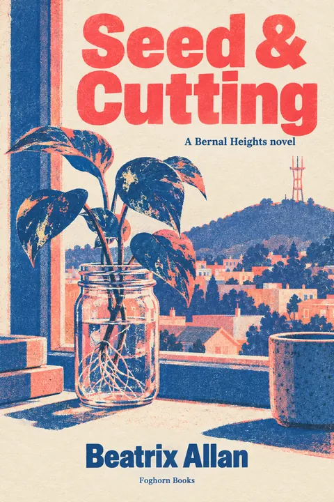Risograph style book cover for a fictional fiction: Seed & Cutting