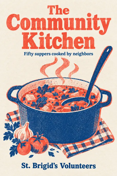 Risograph style book cover for a fictional nonfiction: The Community Kitchen