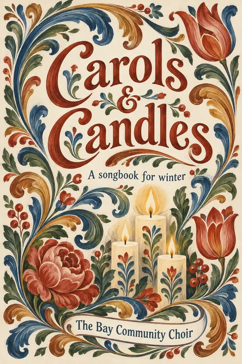 Scandinavian Folk / Rosemaling style book cover for a fictional nonfiction: Carols & Candles