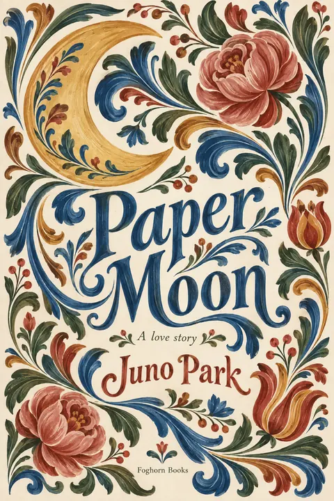 Scandinavian Folk / Rosemaling style book cover for a fictional fiction: Paper Moon