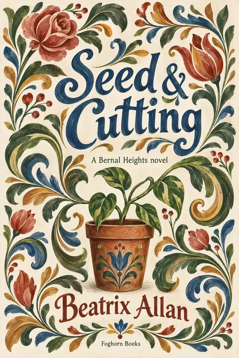Scandinavian Folk / Rosemaling style book cover for a fictional fiction: Seed & Cutting
