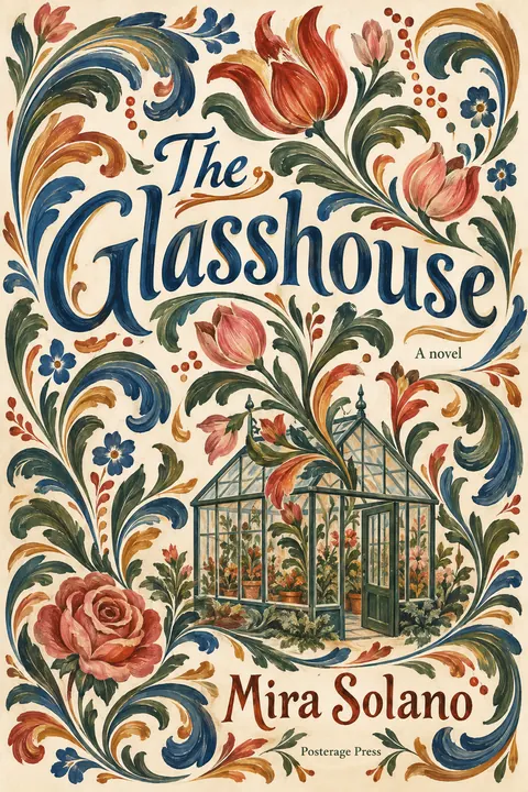 Scandinavian Folk / Rosemaling style book cover for a fictional fiction: The Glasshouse