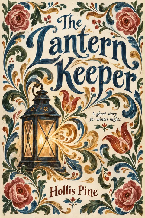 Scandinavian Folk / Rosemaling style book cover for a fictional fiction: The Lantern Keeper