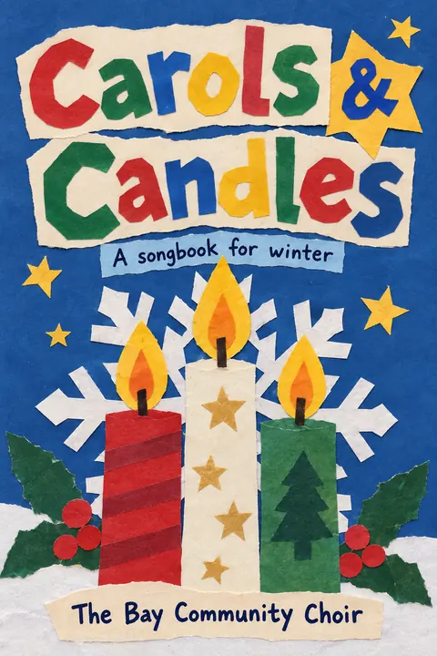 School Cutout Collage style book cover for a fictional nonfiction: Carols & Candles