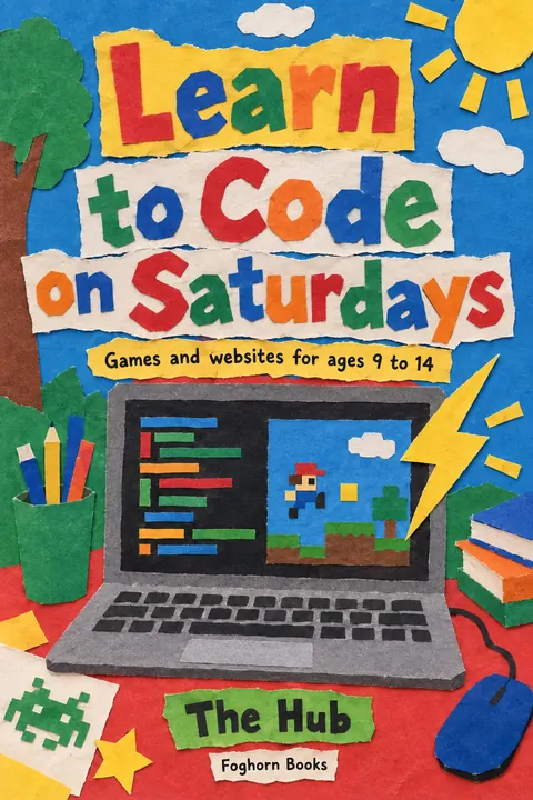 School Cutout Collage style book cover for a fictional nonfiction: Learn to Code on Saturdays