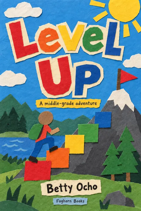 School Cutout Collage style book cover for a fictional fiction: Level Up