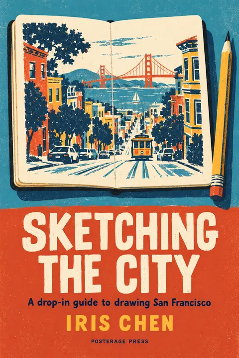 Screenprint Pop style book cover for a fictional nonfiction: Sketching the City