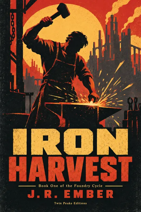 Screenprint Pop style book cover for a fictional fiction: Iron Harvest