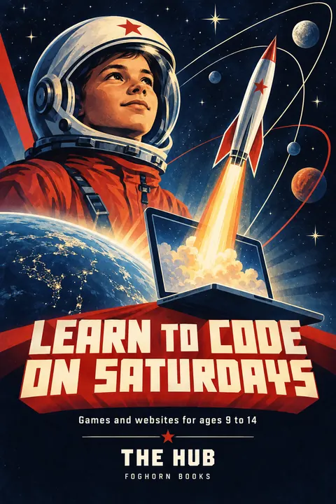 Soviet Space Programme style book cover for a fictional nonfiction: Learn to Code on Saturdays