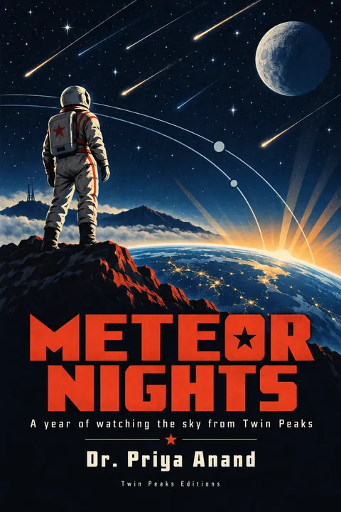 Soviet Space Programme style book cover for a fictional nonfiction: Meteor Nights