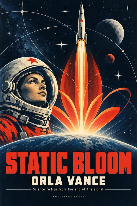 Soviet Space Programme style book cover for a fictional fiction: Static Bloom