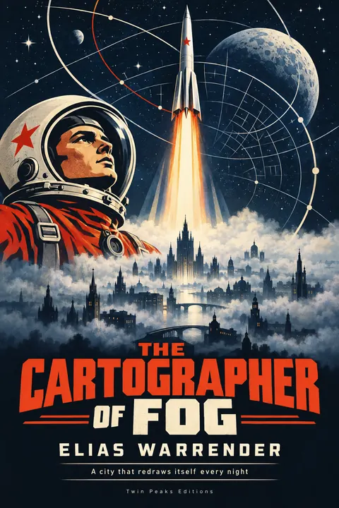 Soviet Space Programme style book cover for a fictional fiction: The Cartographer of Fog