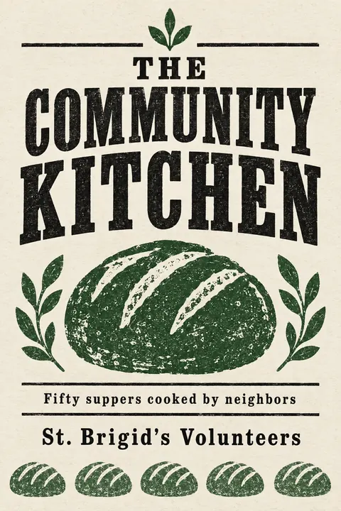 Stamp / Letterpress (Modernised) style book cover for a fictional nonfiction: The Community Kitchen