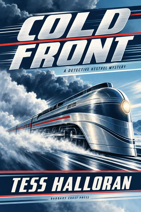 Streamline Moderne style book cover for a fictional fiction: Cold Front
