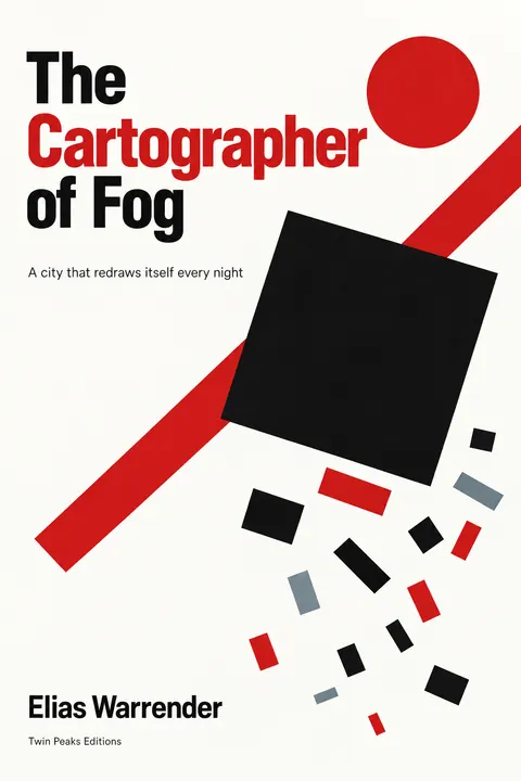 Suprematism style book cover for a fictional fiction: The Cartographer of Fog