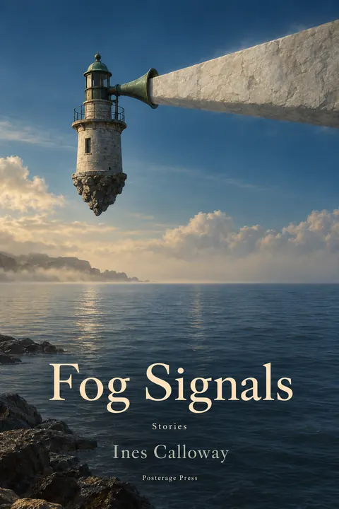 Surrealist style book cover for a fictional fiction: Fog Signals