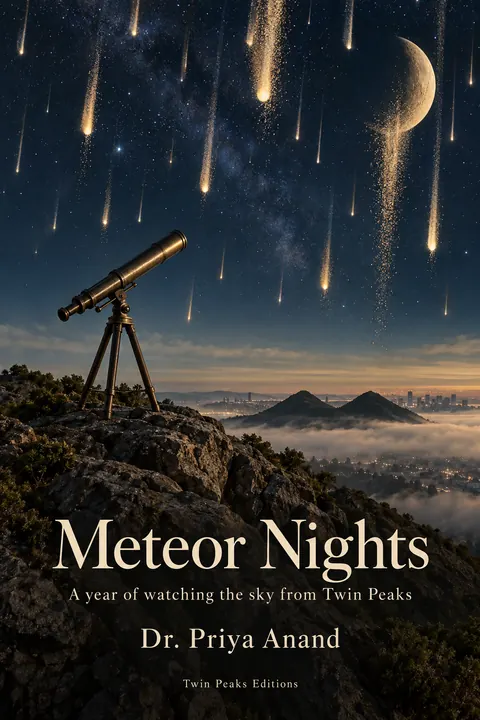 Surrealist style book cover for a fictional nonfiction: Meteor Nights